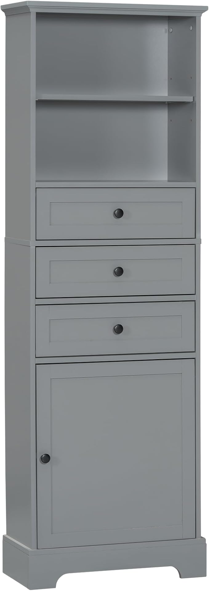 Favfurish 67" Tall Bathroom Storage Cabinet with Door and 3 Drawers,Modern Linen Cabinets w/Adjustable Shelf & 2-Tier Open Shelves,Freestanding Organizer for Bath Room,Study,Office,Grey
