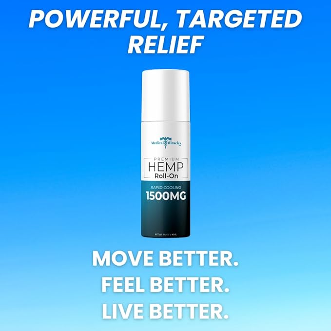 Medical Miracles New Hemp Oil Roll On - Ideal for Muscles, HIPS, Joints, Neck, Back, Elbows, Fingers, Hands, and Knees Made in USA (1500mg Roll-On)