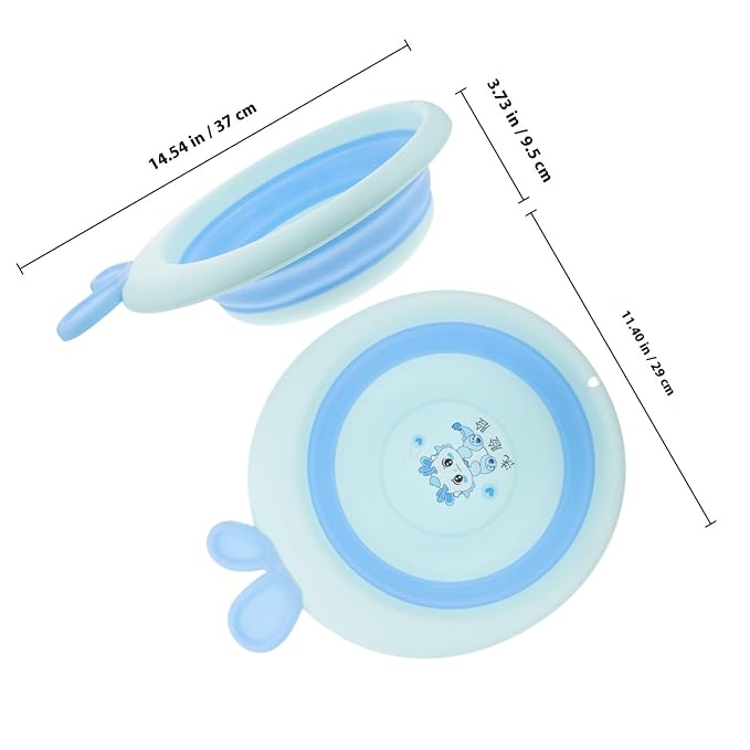 Kisangel Foldable Bath Tub and Wash Basin for Newborns, Cartoon Blue, Portable Plastic Bathtub for Bottle Washing and Hair Wash, Suitable for Travel and Home Bathing