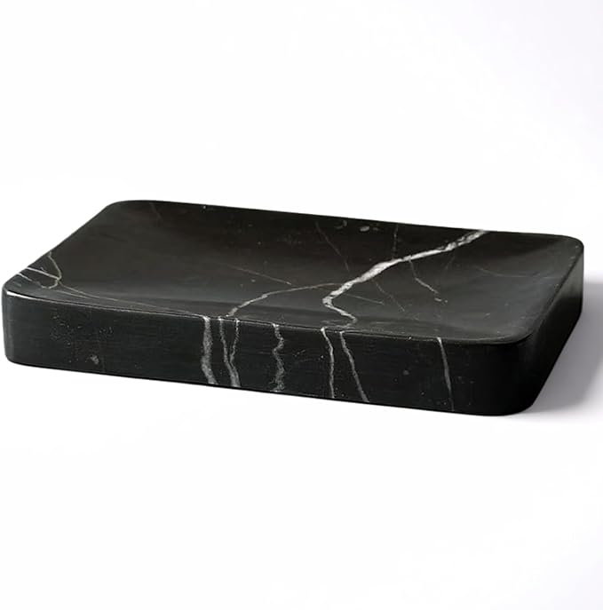 Real Marble Soap Dish - Soap Dish for Shower, Shower Bar Soap Holder, Marble Dish for Bathroom Kitchen, Decorative Stone Soap Dish (Black Marquina, Rectangular)