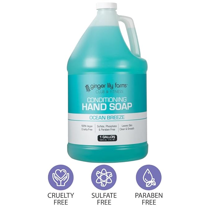 Ginger Lily Farms Club & Fitness Conditioning Liquid Hand Soap Refill, 100% Vegan & Cruelty-Free, Ocean Breeze Scent, 1 Gallon (128 fl oz)