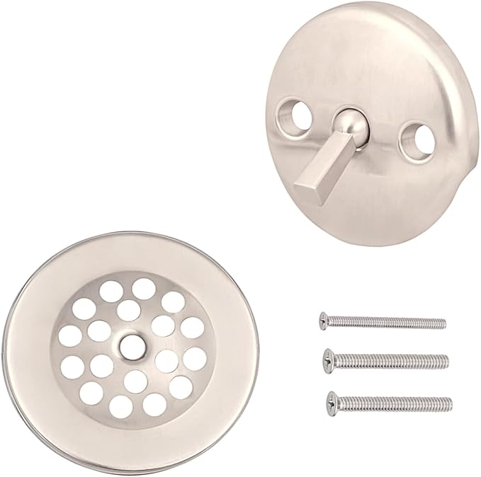 Trip Lever Bathtub Drain Kit with Strainer – 2-Hole Overflow Faceplate, Matching Screws – Tub Drain Trim Replacement Set for Bathroom Bathtubs