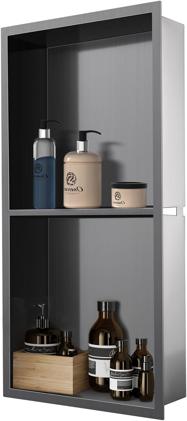 12" x 24" Shower Niche No Tile Needed, 304 Stainless Steel Shower Wall Niche, Recessed Shower Shelf for Shower or Bathroom Storage, Black