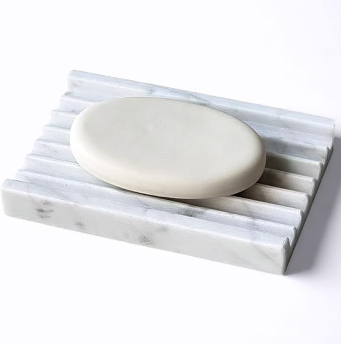 Marble Soap Dish - Soap Dish for Shower, Shower Bar Soap Holder, Stone Soap Container for Marble Bathroom Accessories, Decorative Dish with Drainage (Calacatta White, Rectangular)