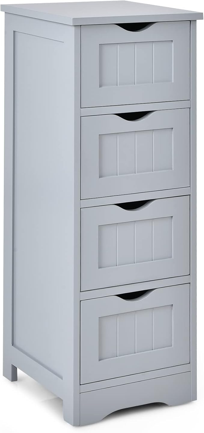 Tangkula Bathroom Floor Cabinet with 4 Drawers, Wooden Storage Cabinet w/Anti-Tipping Device, Freestanding Side Cabinet for Bathroom Home Office, 12 x 12 x 32.5 Inch (Grey, 4 Drawers)