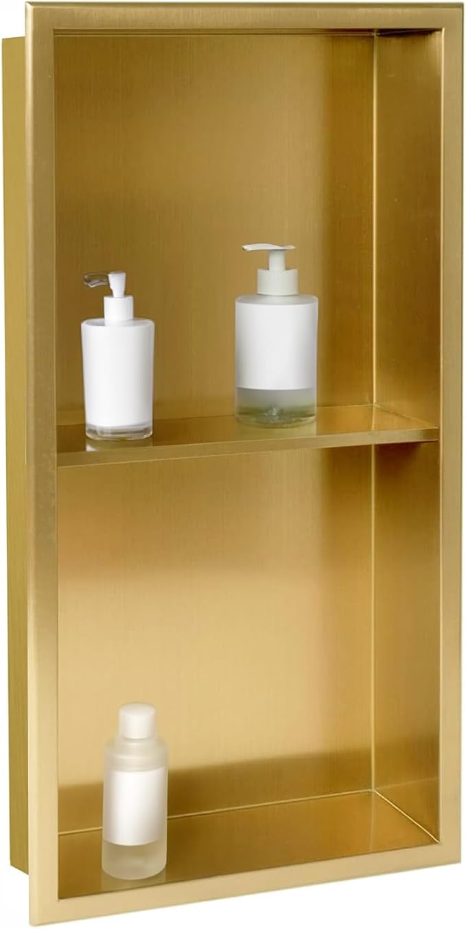 SaniteModar Shower Niche, Stainless Steel Shower Niche 12" X 24" No Tile Needed, Recessed for Bathroom Storage, Brushed Gold Double (Brushed Gold, 12x24,Double)