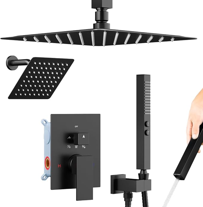 Shower Faucet Sets Matte Black Shower System,Bostingner Five Function Diverter Shower Faucets with 2 in 1 Handheld,10'' Ceiling Mount and 6’‘ Wall Mount Shower Head Rainfall Shower Set with Valve