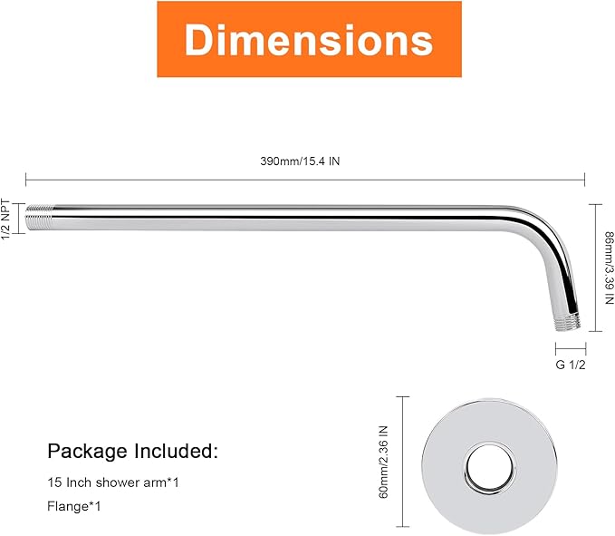 HarJue Shower Arm with Flange and Teflon Tape, Wall Mounted Shower Pipe 304 Stainless Steel Extension Arm for Fixed Shower Head & Handheld (15 Inch, Chrome)