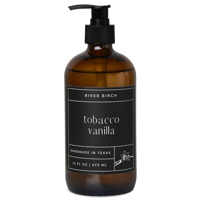 River Birch Tobacco Vanilla Scented Natural Hand Soap - Handmade Soap - Moisturizing Hand Wash with Amber Glass Dispenser - Luxury Scented Hydrating Hand Soap - Vegan and Non-Toxic - 16 Fl Oz