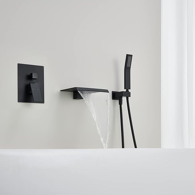 Wall Mount Tub Filler Waterfall Tub Faucet Black Bathtub Faucet Brass Single Handle Bathroom Faucet with Hand Shower