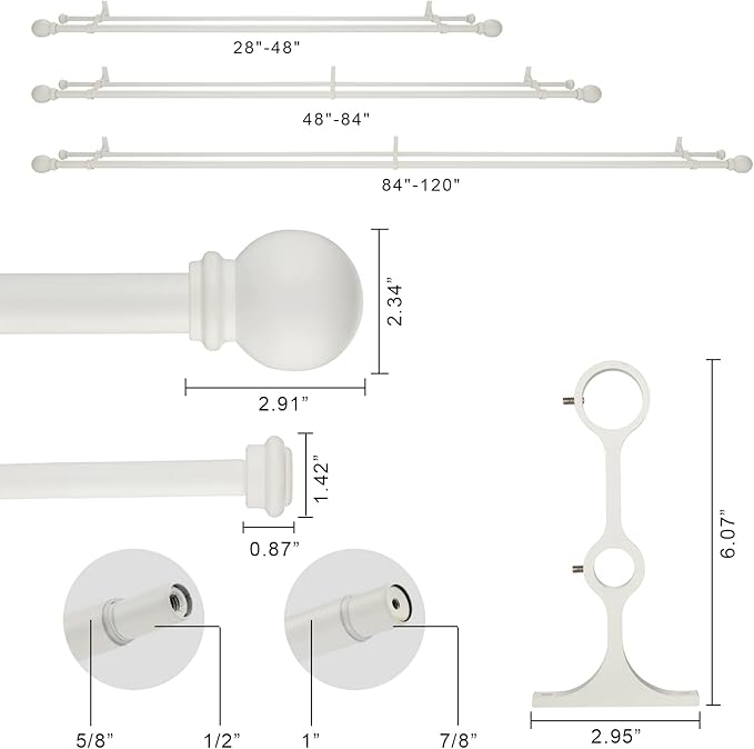 Double Curtain Rod 84 to 120 inch, Adjustable 1 inch Double Drapery Rod Rods for Windows and Doors with Ball Round Finials and Premium Aluminum Brackets Set(84-120",Matte White)