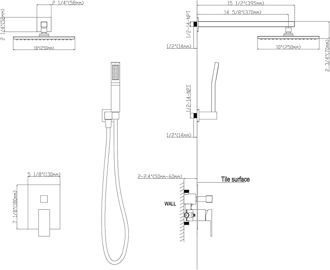 WELLFOR Wall Mounted Shower Faucet Set, Bathroom Showers Faucets, Shower System With 10" Square Rain Shower Head and Handheld, 2.5 GPM, Rough in Valve, Hot Cold Water, Single Handles (Brushed Nickel)