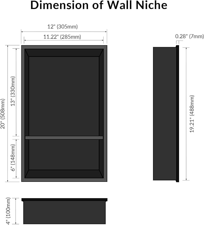 No Tile Needed Matte Black Shower Niche Insert – Retrofit Waterproof 304 Stainless, Sloped Base, 12''×20''(13×6) Recessed Shelf for Contractor Remodel Showers