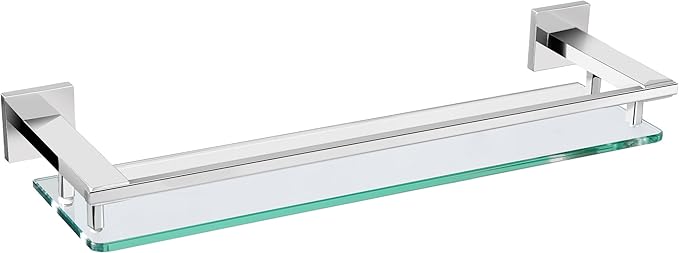 LANC Chrome Bathroom Shelf Glass Shelves 20-Inch Floating Tempered Glass Shelf Rectangular Stainless Steel Wall Mounted Silver Polished Shelves for Bathroom Kitchen Organizers Accessories，A7613CP