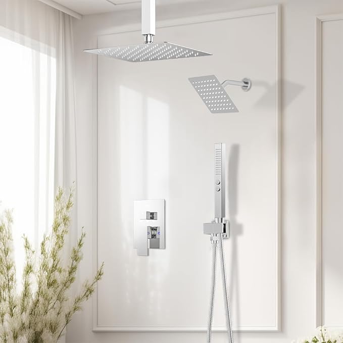 Shower Faucet Set Shower Systems, STARBATH 3 Way Shower Faucet with 2 in 1 Handheld, Ceiling Mount 12+6" Dual Rain Shower Head for Two People (6"+12" Shower Head-2 in 1-Handheld, Chrome)