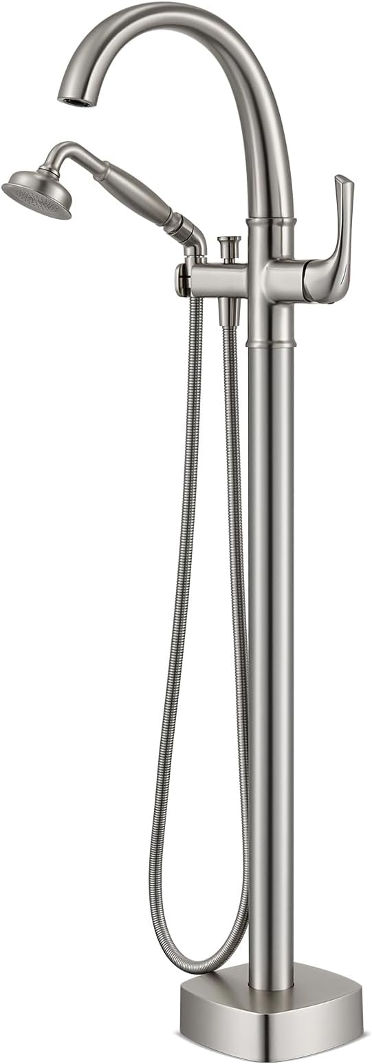 Free Standing Tub Faucet, Hanallx Luxury Brushed Nickel Freestanding Bathtub Faucet with Sprayer, Premium Brass High Flow Rate Floor Mount Tub Filler Swivel Spout, Roman Tub Faucet Set（HM88011-BN）