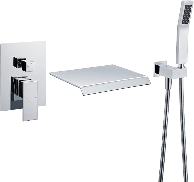 Wall Mount Tub Filler Waterfall Tub Faucet Chrome Bathtub Faucet Brass Single Handle Bathroom Faucet with Hand Shower