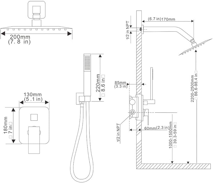 Matte Black Shower System, 8 Inch High Pressure Rain Shower with Handheld, Wall Mount Shower Faucet Set for Bathroom, Rough-in Valve Body and Trim Included