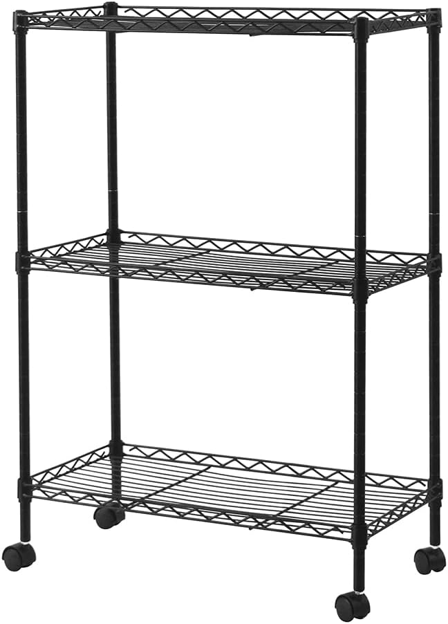 3 Tier Storage Racks Shelving, Heavy Steel Pantry Shelves, Adjustable Wire Shelving Rack with Wheels, Suitable for Garage, Kitchens, Offices, 19.7" W x 9.8" D x 28" H, Black
