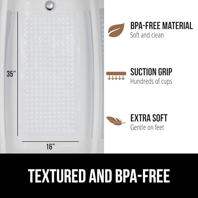 GORILLA GRIP Patented Bath Tub Shower Mat, Machine Washable Bathtub Floor Liner Mats, Suction Cups and Drain Holes to Keep Tubs Clean, Soft on Feet, Bathroom Essentials, 35x16 Inch, Clear