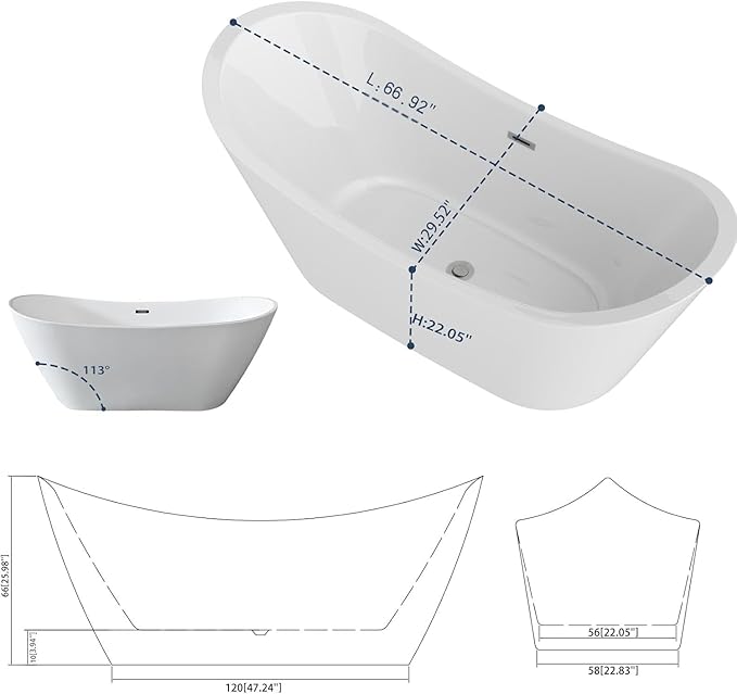Sarlai 67 Inch Acrylic Freestanding Soaking Bathtub Contemporary Soaking White Tub Stand Alone Ergonomic Bathtub with Chrome Drain and Overflow