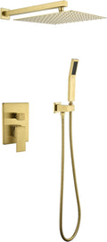 WELLFOR Brushed Gold 12" Wall Mounted Shower Faucet Set Single Handles, Dual Head Shower Faucet System with 2-way Diverter, Shower System with Handheld Spray, Rough in Valve, Hot Cold Water