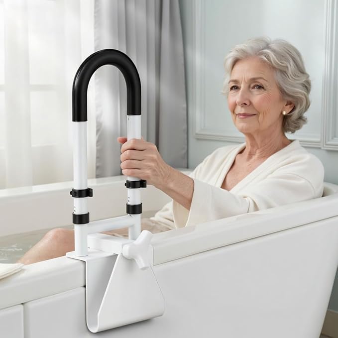 Adjustable Bathtub Safety Rail: Shower Grab Bar Handle for Seniors, Elderly, Disabled, Fits 3.1 to 6.7 Inch Tub Walls, Bathroom Safety Bars with Non-Slip Grip, Supports 300 lbs