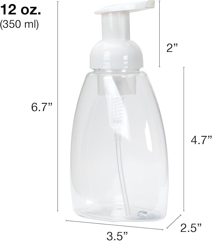Ginger Lily Farms Foaming Soap Dispenser, Refillable Plastic Pump Bottles for Liquid Hand Soap, 12 oz. Clear Bottle with White Pump, 2-Pack
