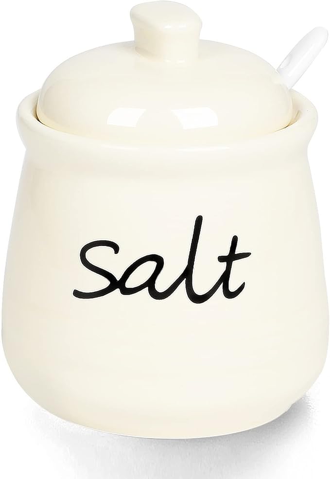ONTUBE Ceramic Salt Bowl with Lid and Spoon 12oz (Beige)