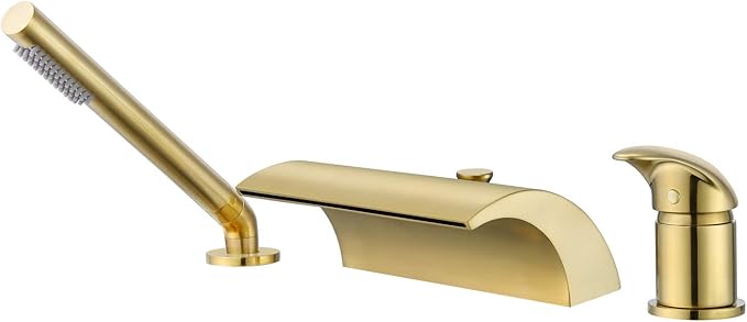 sumerain 3 Hole Roman Tub Faucet with Hand Shower, High Flow Single Handle Waterfall Bathtub Filler Brushed Gold Finish