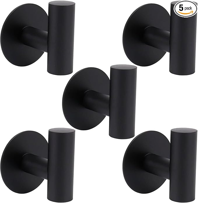 TocTen Bath Towel Hook, Strong Self Adhesive Robe Hook, SUS 304 Stainless Steel Stick on Wall Coat/Clothes Hook No Drilling, Shower Wall Hook for Bathroom Kitchen Office Closet(Matte Black, 5 Pack)