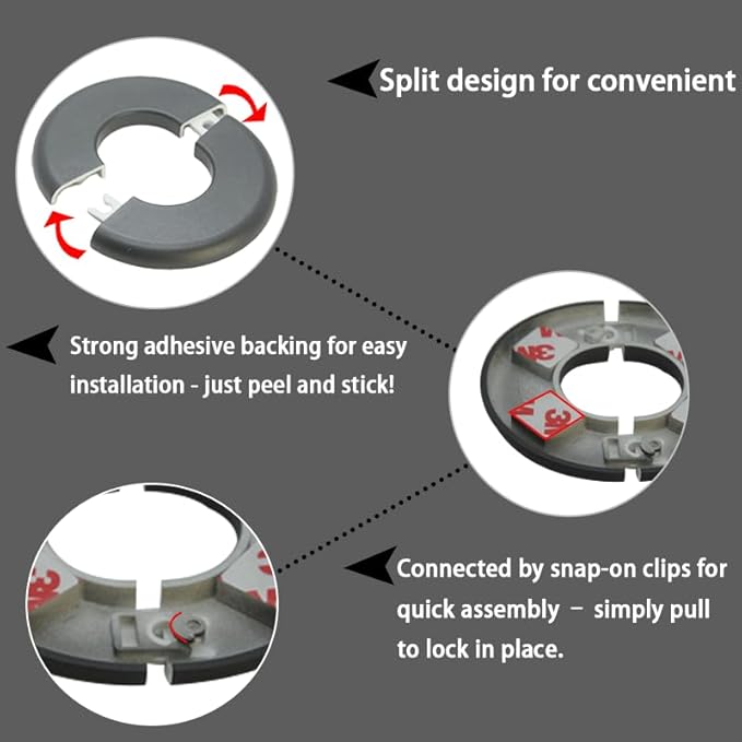 Wall Split Flange 2 Pieces, Pipe Cover Decoration Fit 0.87 inch Outer Diameter Pipe, ABS Round Self-Adhesive Escutcheon Plate, Buckles Design Split Plumbing Cover Plates, Black (22mm)