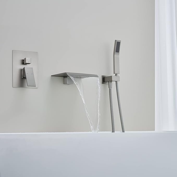 Wall Mount Tub Filler Waterfall Tub Faucet Brushed Nickel Bathtub Faucet Brass Single Handle Bathroom Faucet with Hand Shower