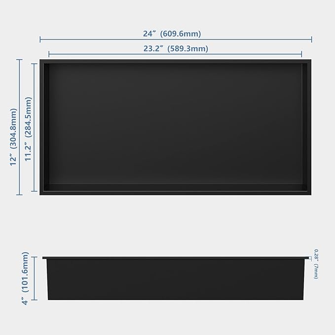 Homevacious 24" X 12" X 4" Stainless Steel Shower Niche No Tile Needed Matte Black Bathroom Shelf Rimless Recessed Wall Niche for Bathroom Storage