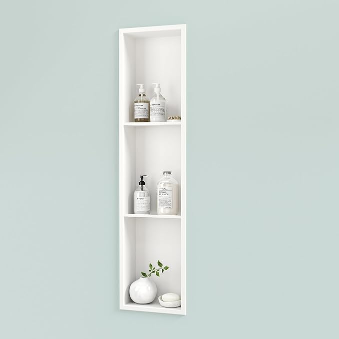 Neodrain 8X36 Inch White Three Layers Stainless Steel Shower Niche, NO Tile Needed Recessed Niche Shelf for Bathroom Storage, 3-Tier Recessed Built-in Wall Niche