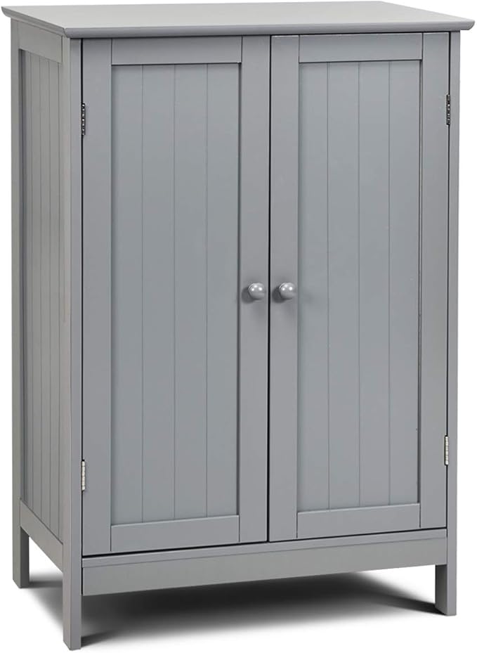 Tangkula Freestanding Storage Cabinet with Double Doors and Shelf, Modern Home Furniture, Wooden Organizer for Living Room and Bathroom, Grey
