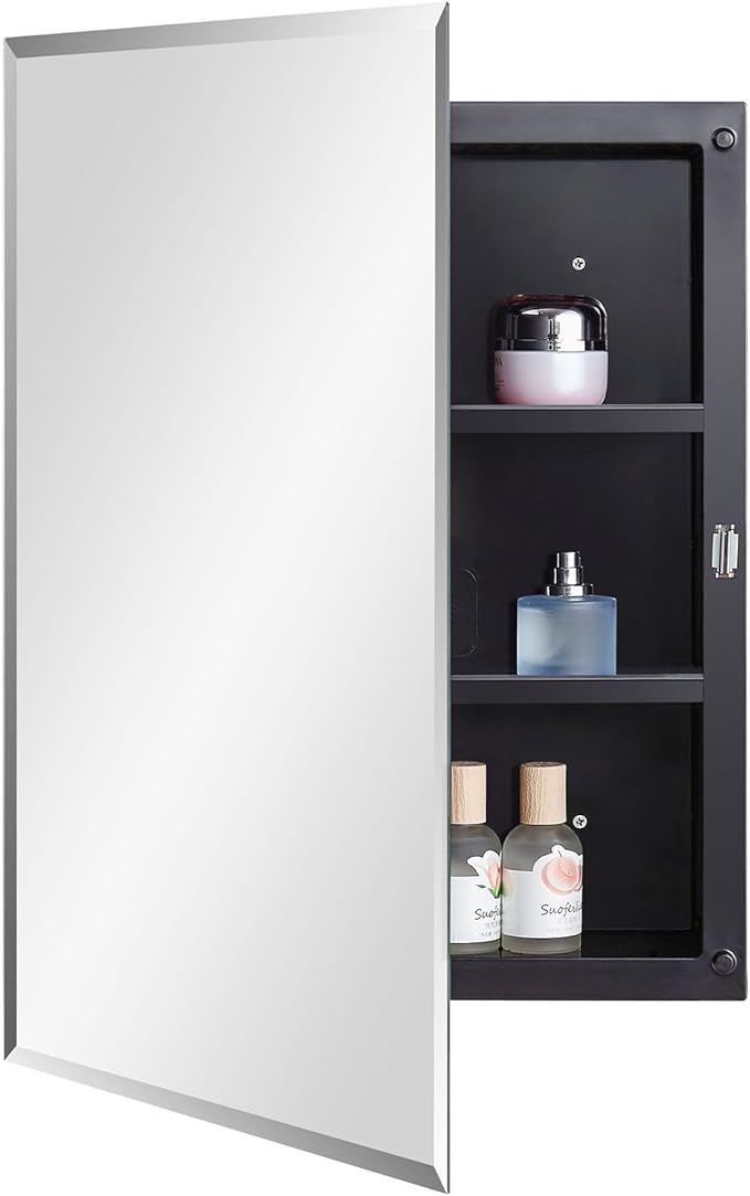 Black Plastic Bathroom Medicine Mirror Cabinet 16 x 22 inch, Surface and Recessed Mount, Beveled Edge Mirror