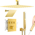 Brushed Gold Shower System, STARBATH Ceiling Mounted 10+6 Inch Rainfall Shower Head with 2 in 1 High Pressure Handhled, Can Use All at Once, Push Button Diverter Thermostatic Valve with Trim Kit