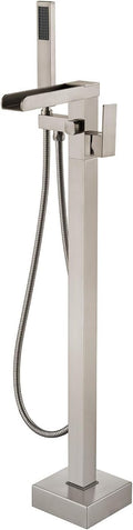 Freestanding Bathtub Faucet Waterfall Tub Filler Brushed Nickel Floor Mount Brass Single Handle Bathroom Faucets with Hand Shower