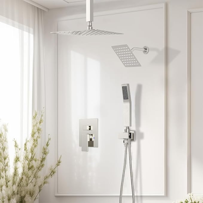 Rain Shower System Brushed Nickel, STARBATH 12+6" Double Rain Shower Head and Handheld Spray for Two Person, Ceiling Mount 3 Way Shower Faucet Set with 5 Diverter Valve and Trim Kit Complete
