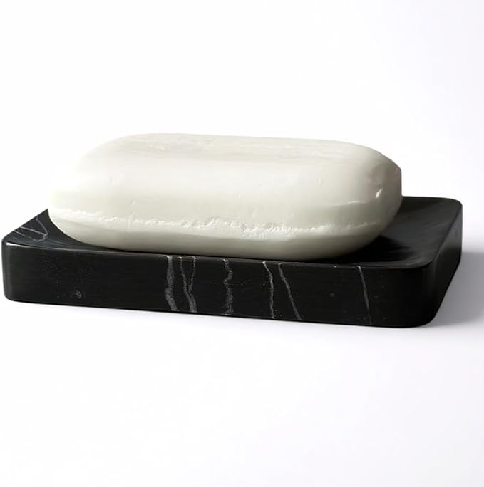 Real Marble Soap Dish - Soap Dish for Shower, Shower Bar Soap Holder, Marble Dish for Bathroom Kitchen, Decorative Stone Soap Dish (Black Marquina, Rectangular)