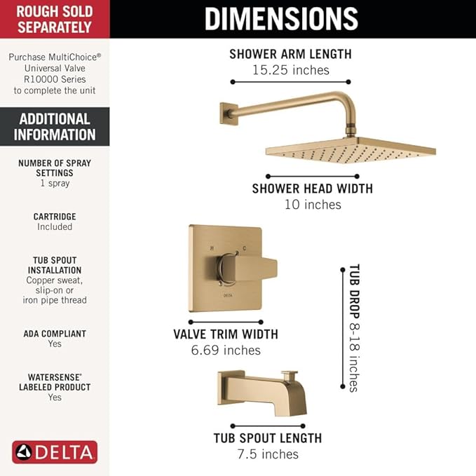 Delta Faucet Modern Raincan Square Single-Function Tub and Shower Trim Kit Gold, Tub Faucet Set, Rainfall Shower Head Gold, Delta Shower Kit, Champagne Bronze T14468-CZ-PP (Valve Not Included)