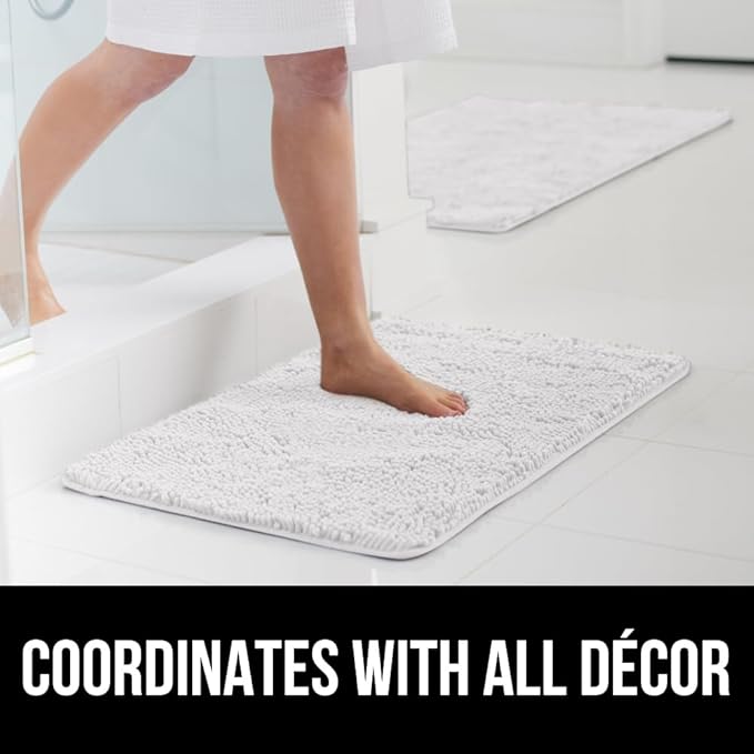 GORILLA GRIP Bath Rug Mat 30x20, Thick Soft Absorbent Chenille, Quick Dry Microfiber Mats, Rubber Backing Washable Shower Floor Rugs, Bathmat Runner, US Designed Bathroom Home Decor Accessories White