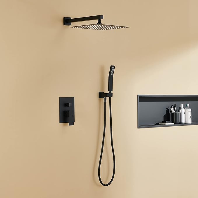 Rain Shower System 12 Inches Shower Combo Set Black Wall Mount Faucet Bathroom Faucets with Rainfall Shower Head and Hand Shower