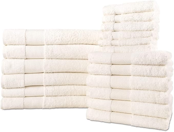 Hencely 18-Piece Bath Towel Set - High Absorbency, Quick Drying - 100% Soft Turkish Cotton - 6 Bath Towels, 6 Hand Towels, 6 Washcloths - for Bathroom, Home, Hotel, Spa, and Gym - 18-Pack Ivory