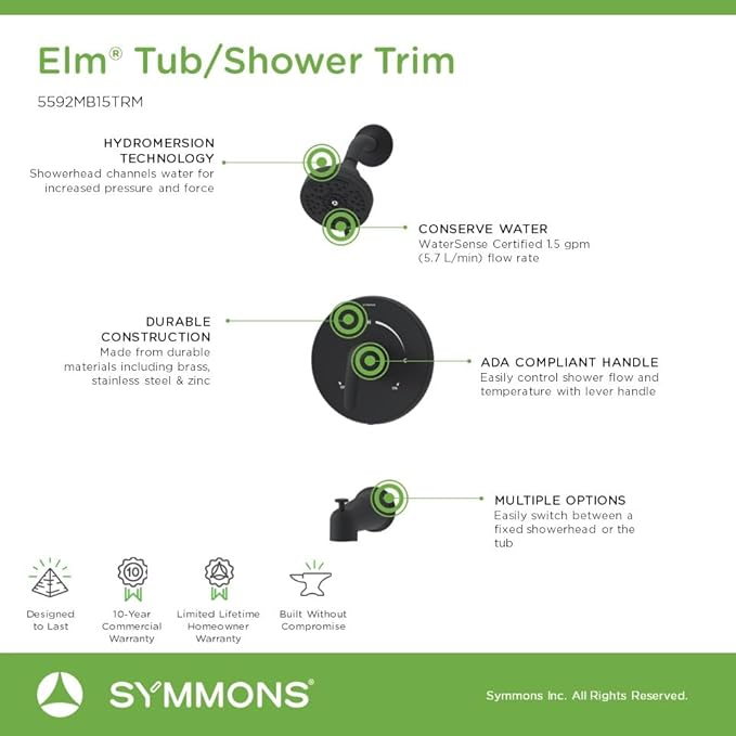 Elm Single Handle Wall Mounted Tub and Shower Trim Kit with Diverter Lever in Matte Black (Valve Not Included) - 5592MB15TRM