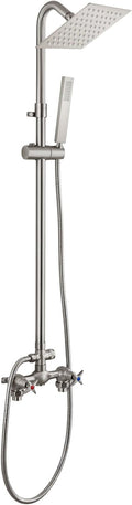 Wall Mounted Outdoor Shower Set Brushed Nickel 6 Inch Square Rainfall Shower Head with Hand Held Spray Double Cross Handles with Adjustable Slide Bar Exterior Dual Function Shower Kit