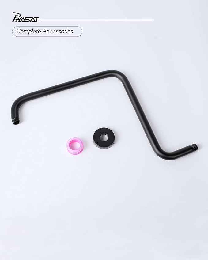 PHASAT 16 Inches Black Shower Head Arm,S Shaped Shower Arm with Flange,High Rise Shower Head Extension Matte Black,PU9H02