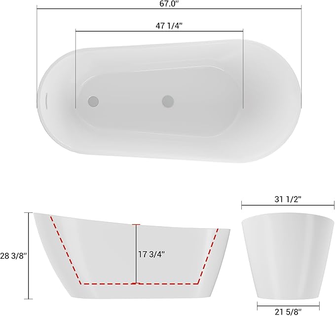 67 Inch Freestanding Acrylic Bathtub, Modern Soaking Tub with Chrome Overflow & Drain, CUPC Certified, Deep Soaking Design for Luxurious Spa Experience, Contemporary Bathroom Centerpiece