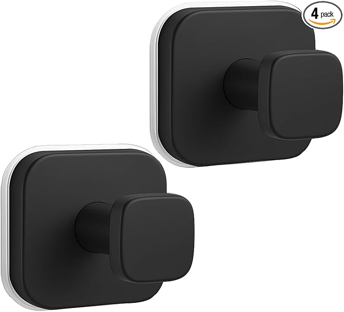 4Pcs Square Suction Cup Hook, 304 Stainless Steel Shower Hook, Removable Suction Cup Knob for Shower, Bathroom, Kitchen, Glass Door, Mirror (Black)